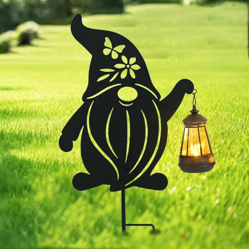 Afirst Solar Outdoor Garden Stake Solar Gnome Decorative Stake Light with Lantern Decorative Metal Outdoor Ornament for Yard Pathway Lawn Patio