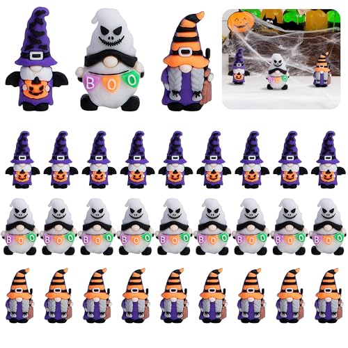 Watayo 30 Pcs Halloween Mini Gnome Ornaments, Halloween Decoration Miniature Gnomes Figurines, Pumpkin Ghost Gnomes Tiny Statue Figurines for Party Gifts Home Table Garden Landscape Decor