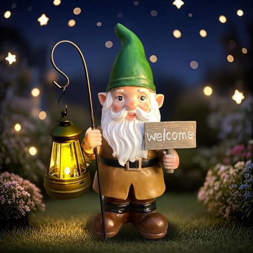 Gnome Garden Statue Outdoor Decor - Solar Gnomes Welcome Sign Figurines with Lantern Light, Yard Decorations, Resin Fairy Statues for Patio/Lawn Ornaments, Housewarming/Birthday/Women/Mom Gnome Gifts