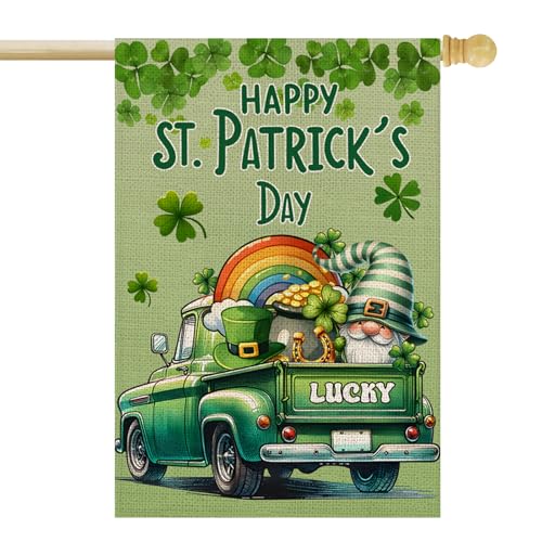 OPULANE Happy St Patricks Day House Flag 28x40 Inch Double Sided Lucky Clovers Shamrocks Gnome Rainbow Truck Outside Large Holiday Flag for Yard Outdoor Decoration