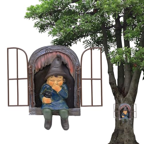 BLLREMIPSUR Garden Gnome Figures Decoration, Elf Out The Door Tree Hugger, 3D Resin Gnome Statue Tree Decoration, Vintage Fairy Tale Mystery Plant House, for Patio, Lawn, Tree Trunk, Garden