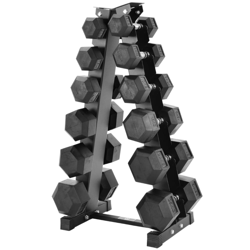 Equipped Gym - Weights Dumbbells Set With A Shaped 6 Tier Rack Stand. 5kg-25kg Pairs Cast Iron Gym Weights. Gym Equipment For Home And Commercial Use For Both Men And Women