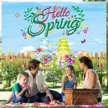 Load image into Gallery viewer, Arosche Spring Decorations Hello Spring Banner 72&quot; x 48&quot; Backdrop Gnomes Flowers Farmhouse Photography Seasonal Sping Holiday Backdrop for Indoor Outdoor Garden,Yard,Party Home Decorations
