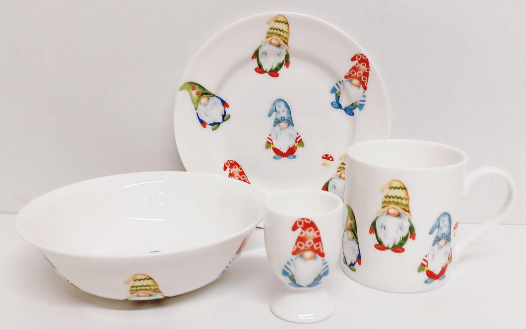 Lucky Gonks Breakfast Children Bone China Set, Plate 16.5 cm, Mug, Bowl & Egg Cup, Festive Children's Kids Gnomes, Hand Decorated in UK