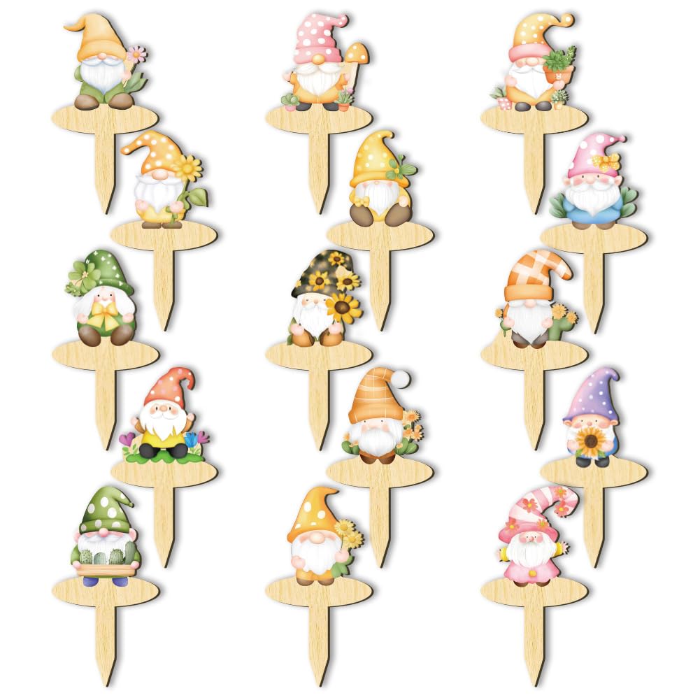 arricraft 15 Pcs Gnome Shaped Wooden Plant Tags, Colorful Shaped Waterproof Garden Stake Plant Marker for Indoor Outdoor Potted Nursery Marker Decoration Accessories
