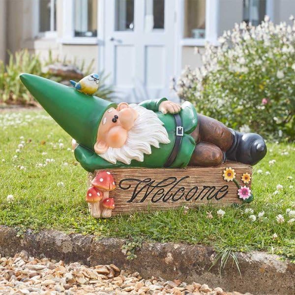 Garden Gnome Welcome Sign, 53 cm Long, Hand Painted Outdoor Decoration, Green