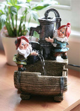 Load image into Gallery viewer, Primrose 28cm Garden Gnome Helpers Pump &amp; Barrel Indoor Outdoor Water Feature with LED Light
