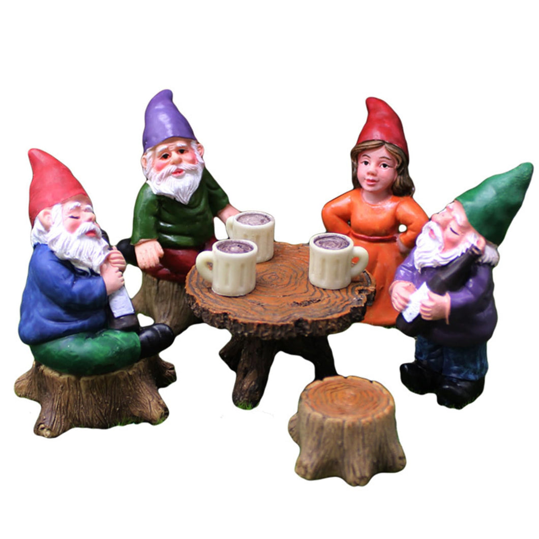 Dbvnnsy 6Pcs/Set Garden Gnome Figurines Set Resin Miniature Gnomes Statue with Table and Stool Cute Yard Ornaments Collectible Decoration for Garden Outdoor Lawn
