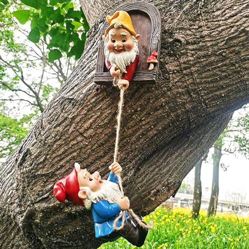 Enchanting Gnome Climbing Rope Face Hanging Ornament: Resin Dwarf Garden Sculpture, Outdoor Gardening Decor Craft. Add Unique Charm to Your Garden!