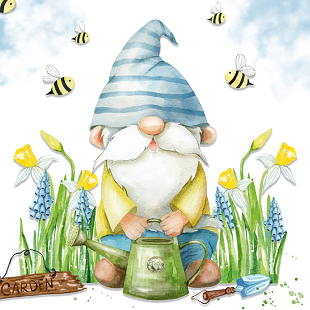 Anniversary House Tiflair Luxury Spring Napkins, Spring Gonk Garden Gnome Design, Thick and Strong Lunch Napkins 3 ply, Spring Decorations Multi-Coloured PJ383326