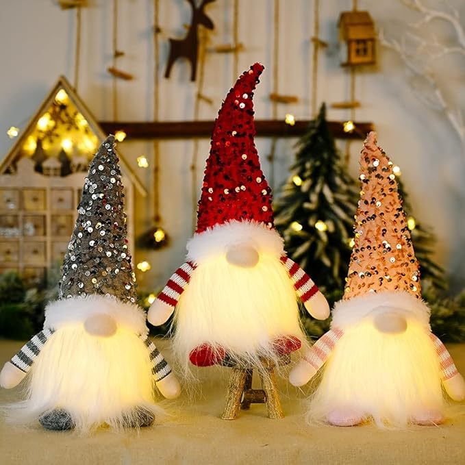 BMIRAVPEL Light Up Gnome Christmas Decoration With Light, Handmade Swedish Santa Gnomes with Glitter Hat Craft, Gonk Elf Christmas for Indoor Decoration Holiday Home Decor Gifts (3 Pack)