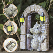 Load image into Gallery viewer, SHOWFEICAT Dragon Garden Ornament Resin Craft Ornament Statue Fairy Door Yard Art Outdoor and Garden Solar Light Luminous Sand Open Door Dragon Wall Statue Outdoors Decor (Open The Door)
