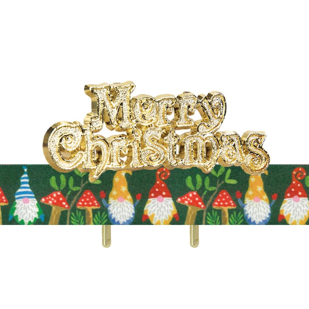 Anniversary House 1m Christmas Cake Ribbon, Festive Gonk Decorations, Green and Gold Festive Cake Decorations, Gold Merry Christmas Topper, BX380