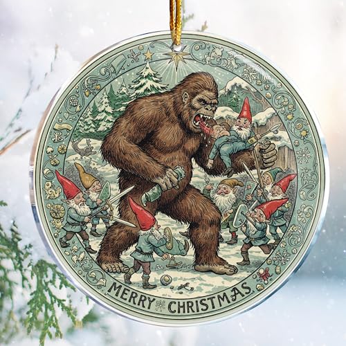 Christmas Ornaments Decorations - 3.6 in Acrylic - Gag Gifts - White Elephant - Stocking Stuffers (Bigfoot Attack Gnomes 1 - Hilarious Funny Naughty Adult - Gifts for Bigfoot Garden Lover)