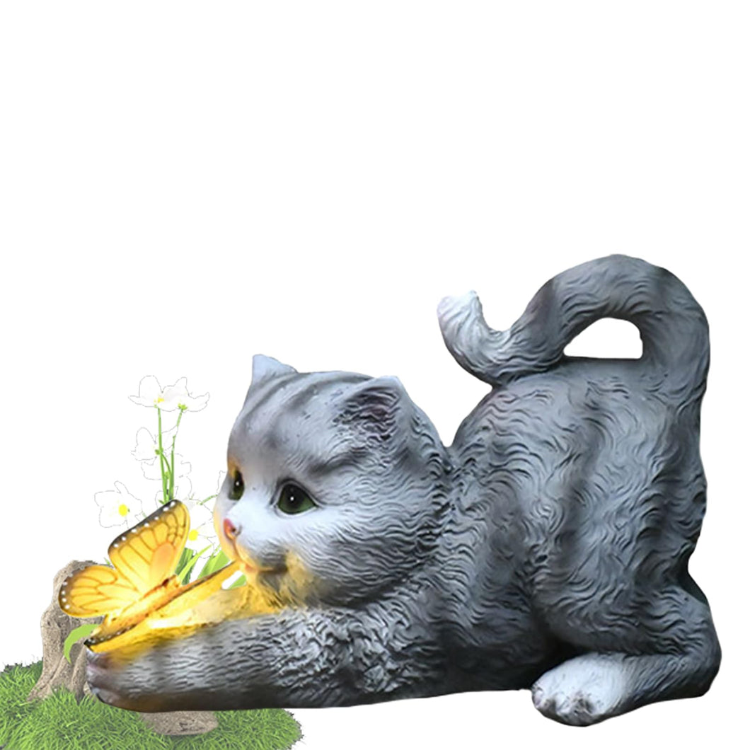 Tuzsocr Solar Powered Cat Statue,Butterfly Solar Lights for Outdoor,Decorative Animal Figurine for Garden,Waterproof Resin Sculpture,LED Lighting,for Lawn,Terrace (Style 1)