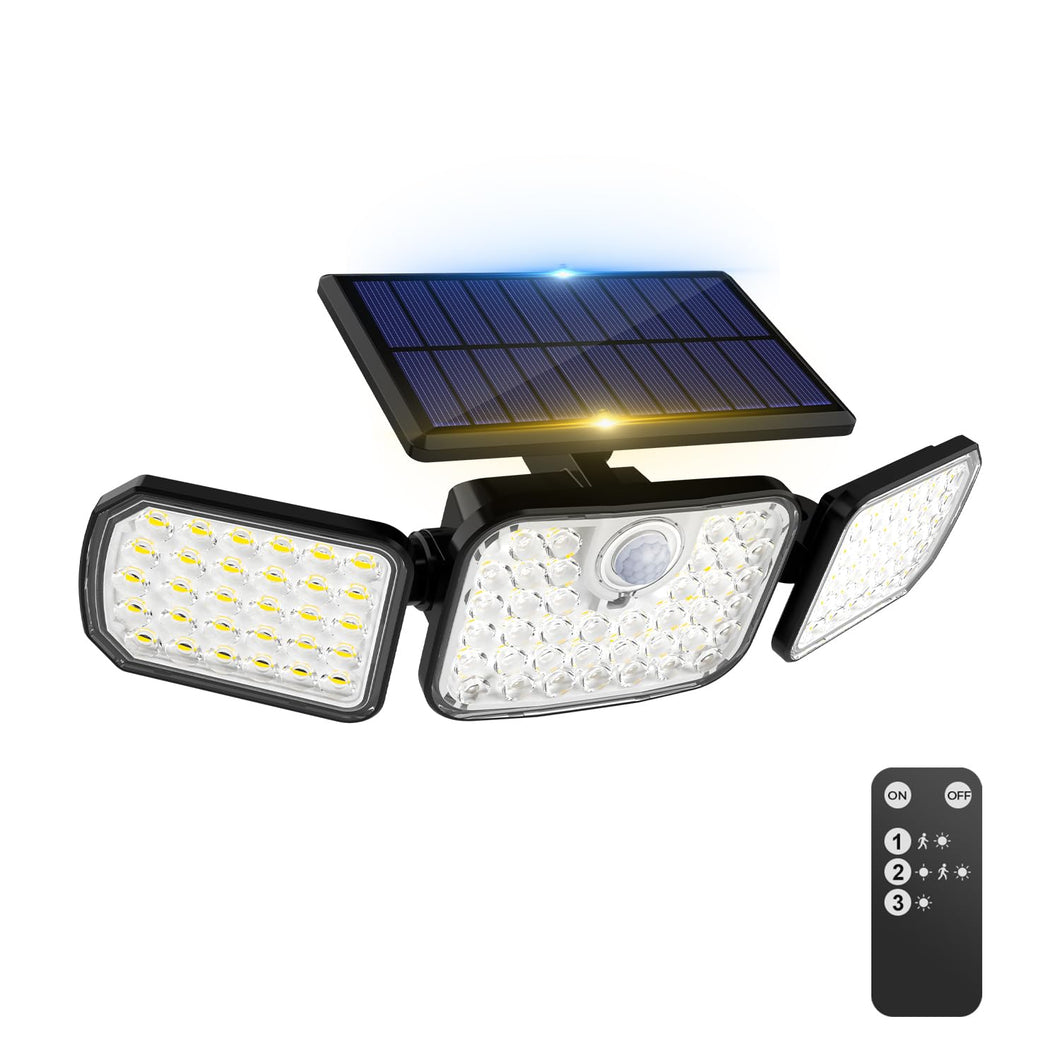 Peasur Solar Security Lights Outdoor Motion Sensor, 3 Modes Solar Powered Flood Light with Remote Control 3 Adjustable Heads, IP65 Waterproof Wall Mount Wireless for Yard Garage Patio Porch