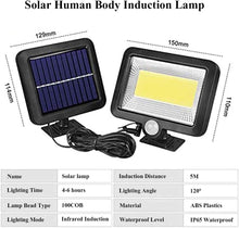 Load image into Gallery viewer, Solar Lights Outdoor Garden,100 LED Solar Motion Sensor Safety Lights,Solar Wall Lights with 5m Cable,Three Lighting Modes,IP65 Waterproof Solar Lights,Used in Gardens,Courtyards,Corridors,Garages
