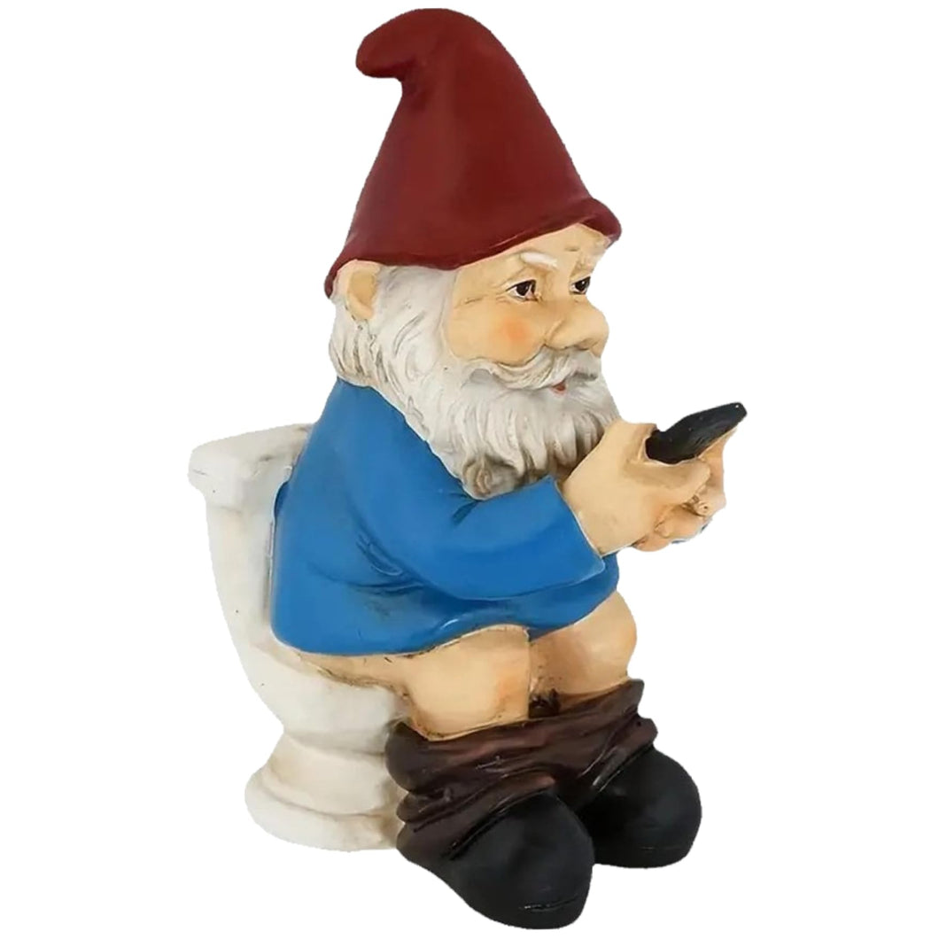 Xoeryoy Gnome Figurines Funny Gnome Statue Sitting on Toilet & Watching Their Cellphone Weather Resistant Resin Statue for Outdoor Garden Yard &