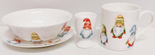 Load image into Gallery viewer, Lucky Gonks Breakfast Children Bone China Set, Plate 16.5 cm, Mug, Bowl &amp; Egg Cup, Festive Children&#39;s Kids Gnomes, Hand Decorated in UK
