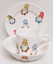 Load image into Gallery viewer, Lucky Gonks Breakfast Children Set Bone China 3 Piece Plate 16.5 cm Mug &amp; Bowl Festive Children&#39;s Kids Gnomes Hand Decorated in UK
