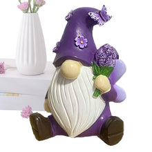 Load image into Gallery viewer, Gnome Garden Decor Statue - Purple Violet Gnome Lawn Ornament, Desktop Cute Gnome Figurine for Patio, Outdoor Yard, Shelf, Desk, Home Decor Accent, Unique Gnome Decorations for Garden, Bedroom
