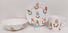 Load image into Gallery viewer, Lucky Gonks Breakfast Children Bone China Set, Plate 16.5 cm, Mug, Bowl &amp; Egg Cup, Festive Children&#39;s Kids Gnomes, Hand Decorated in UK
