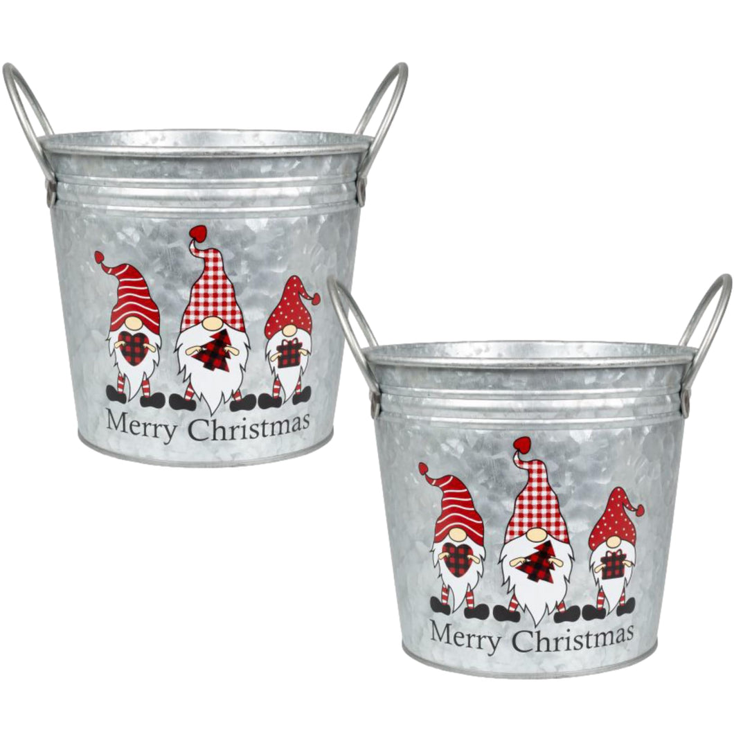 Fyne-Finds Merry Christmas Tin Pail Gnome Gonk 18cm, 7inch Plant Pot Handles 2.6L Festive Planter Decor Xmas Gift (2)