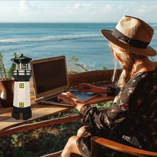 Load image into Gallery viewer, Syfunlv Solar Lighthouse Ornament Solar Revolving LED Lighthouse 10.6 x 3.5 inch,360 Degree Rotating Lighthouse Decoration, Best Lighthouse Gifts for Children (Black)
