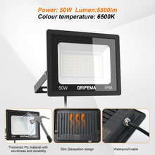 Load image into Gallery viewer, GRIFEMA 50W LED Floodlight Outdoor, 5500LM, 6500K Cool White, IP66 Waterproof, Adjustable 180° Bracket, Security Lighting for Garden, Garage, Yard
