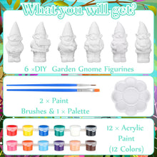 Load image into Gallery viewer, Simgoing 6 Sets Ready to Paint Your Own Garden Gnomes Statues Summer DIY Unfinished Ceramic Gnomes for Painting Figures Plaster Arts and Crafts with Brush Palette for Adults
