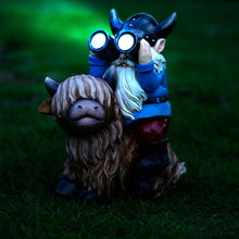 Load image into Gallery viewer, Joint Honglin Garden Gnome Statues Resin Gnome Sitting on Highland Cow Solar Lights Outdoor Telescope Gnome Gifts for Yard, Patio Decor Gift(Cow Gnome)
