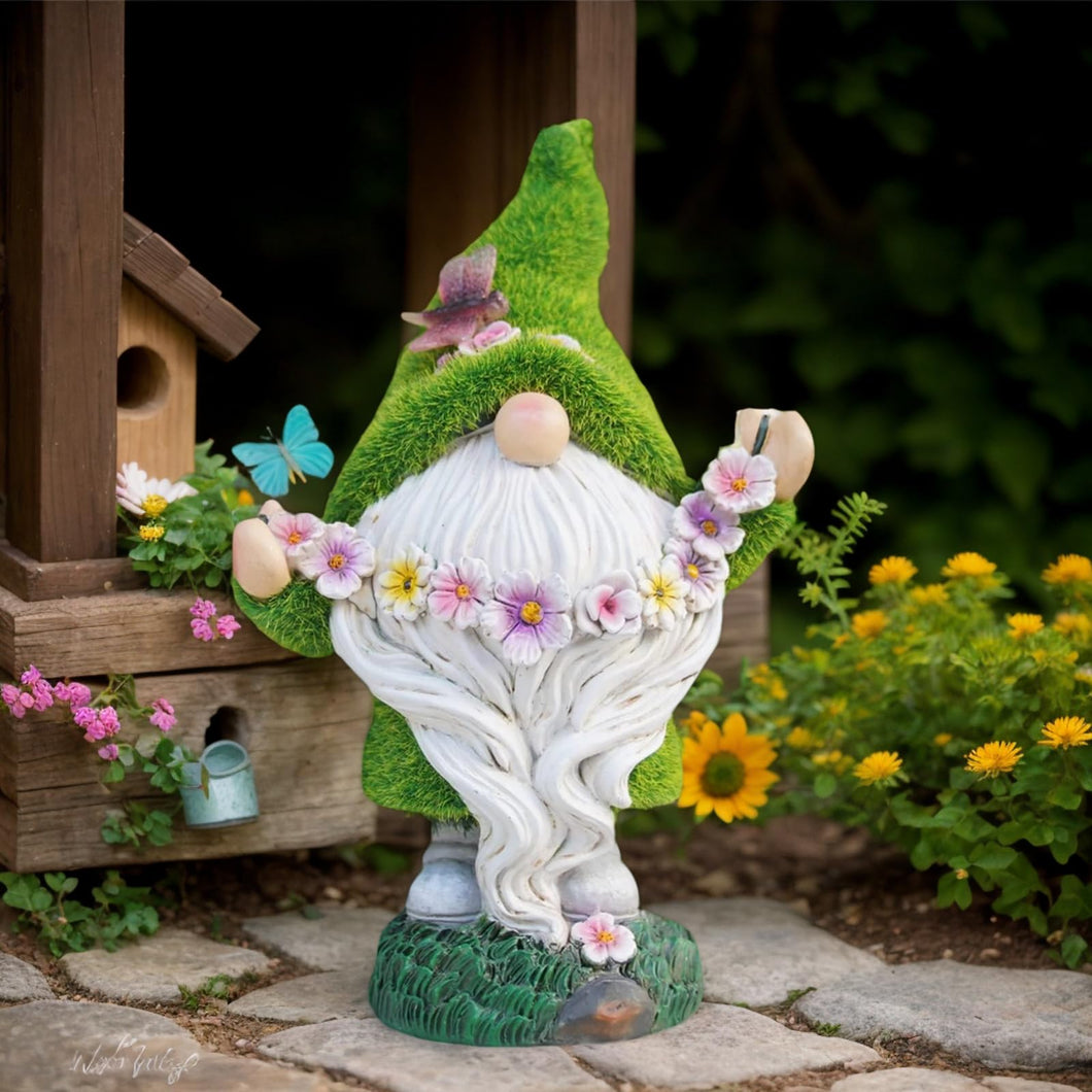 Garden Flocked Gnomes Decor for Yard - Artificial Green Moss Gnome Statue with Solar Light, Dwarf Sculpture for Outdoor Patio Porch Lawn Decor, Spring Decorations for Home