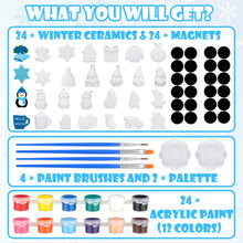 Load image into Gallery viewer, Simgoing 24 Sets Winter Ceramic Painting Kit Include 24 Unpainted Ceramics with Acrylic Paints Paintbrushes Palettes Magnets DIY Ceramic Figurines Gnome Snowflake Snowman Ready to Paint Ceramics Set
