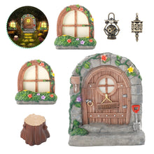 Load image into Gallery viewer, Exasinine 6 Pcs Fairy Door and Windows for Trees Glow in The Dark Fairy Doors Miniature Fairy Garden Accessories for Wall Tree Fairy Garden Outdoor Decor with Tree Stump, 2 Fairy Lanterns
