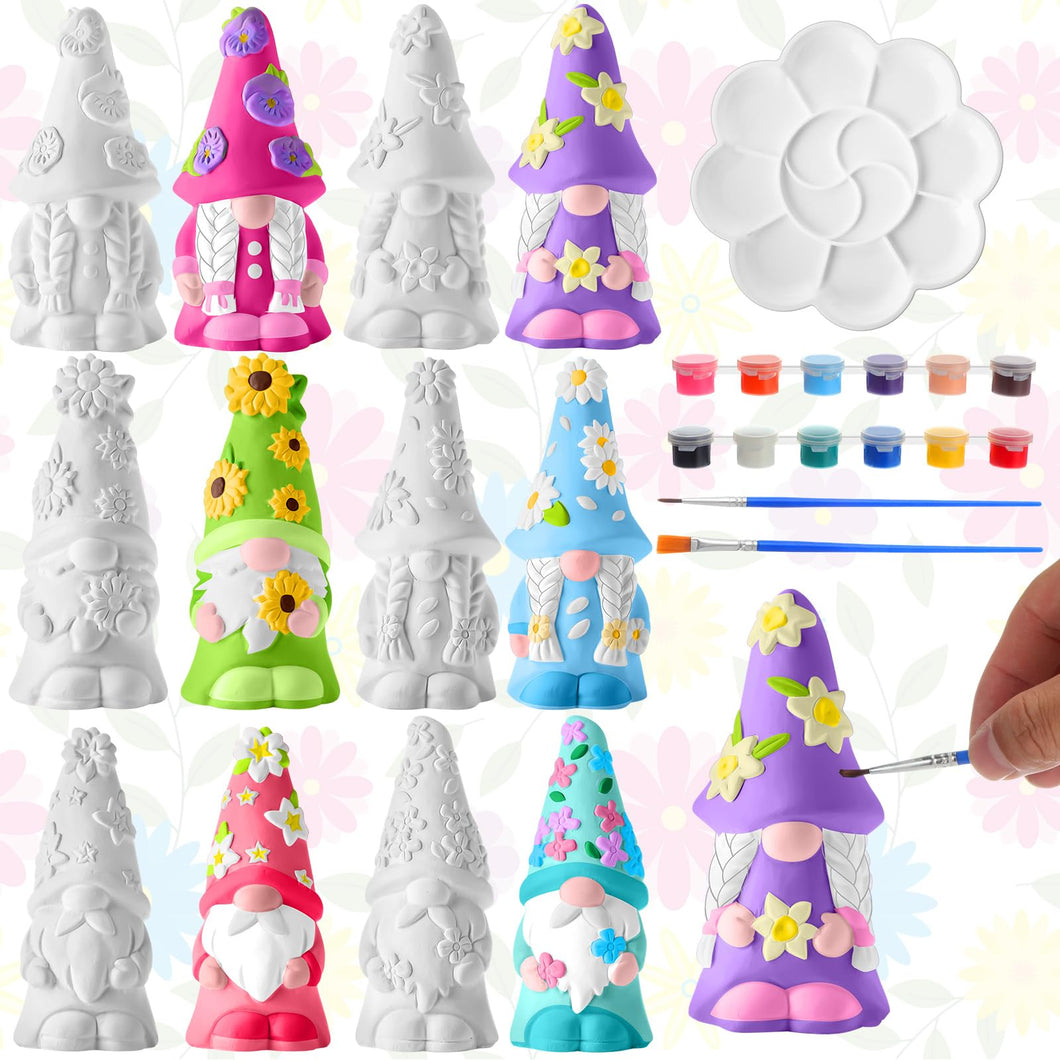 Arrowbash 6 Pcs Spring Ceramics to Paint Ready to Paint Your Own Gnome Statues 5.12 Floral Theme Paintable Figurines DIY Unpainted Sunflowers Ceramics Plaster Crafts Kit with Brush Palette Paint