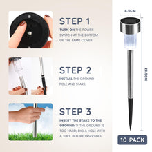 Load image into Gallery viewer, CUQOO Solar Garden Stake Lights – 10 Pack Colour-Changing LED, Weatherproof Stainless Steel Solar Lights for Outdoor Pathway Lighting – Rechargeable with Automatic Night Activation [Energy Class A+]
