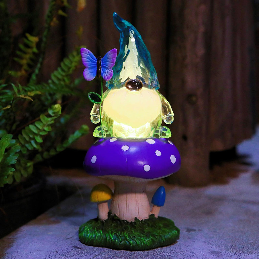 Starryfill Solar Garden Gnome Figurine in Blue Hat Plays with Butterfly on The Mushroom, 9.45inch(H) Resin Gnomes Decor with Solar Led Lights for Home Patio Lawn Backyard Christmas Decorations