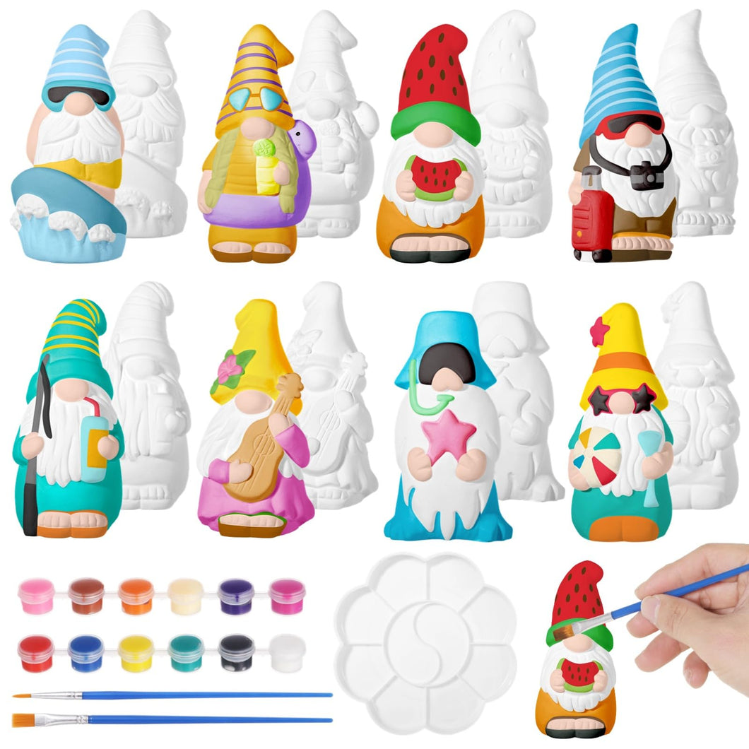 Varku 8 PCS Summer Beach Gnome Painting Kit, Paint Your Own Ceramic Gnome Statues, Paintable Gnome Figurines, DIY Gnome Statues with 12 Acrylic Paint 2 Brushes 1 Palette, Unpainted Arts and Crafts