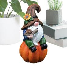 Load image into Gallery viewer, Fall Gnomes Decorations for Home,5.9 Inches Resin Garden Gnomes Sitting on A Pumpkin | Tiny Dwarf Statue Fall Figurine for Home Halloween Thanksgiving Decorations
