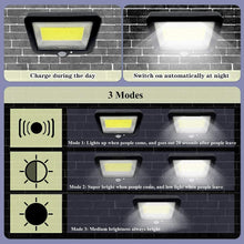 Load image into Gallery viewer, Solar Lights Outdoor Garden,100 LED Solar Motion Sensor Safety Lights,Solar Wall Lights with 5m Cable,Three Lighting Modes,IP65 Waterproof Solar Lights,Used in Gardens,Courtyards,Corridors,Garages
