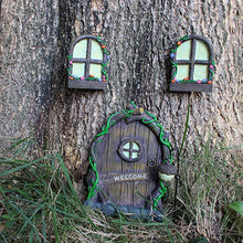 Load image into Gallery viewer, Set of 4 Fairy Door and Window for Tree, Mini Fairy Garden Glowing in the Dark with Lantern - Creative Garden Miniatures Tree Hugger Garden Sculptures Yard Art for Outdoor Trees Door
