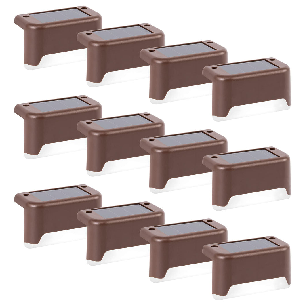 GIGALUMI Solar Fence Lights Outdoor Garden, 12 Pack Solar Step Lights, Waterproof Deck Decorative Lighting for Stairs, Yard, Patio, Gutter, Garden, Pathway Decoration (Brown, Cold White)