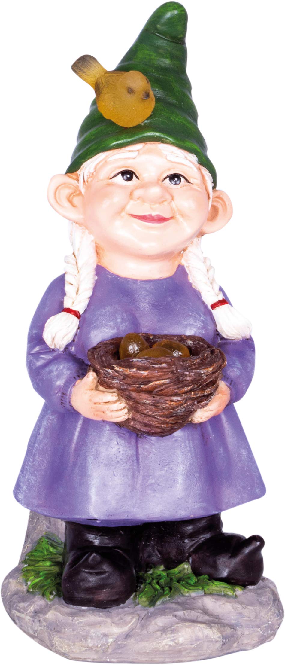 Solar Garden Ornament - Lady Gnome with Egg Basket, classic gnome ornament
