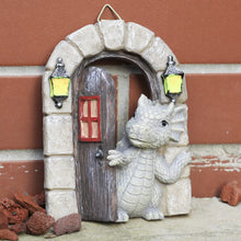 Load image into Gallery viewer, SHOWFEICAT Dragon Garden Ornament Resin Craft Ornament Statue Fairy Door Yard Art Outdoor and Garden Solar Light Luminous Sand Open Door Dragon Wall Statue Outdoors Decor (Open The Door)
