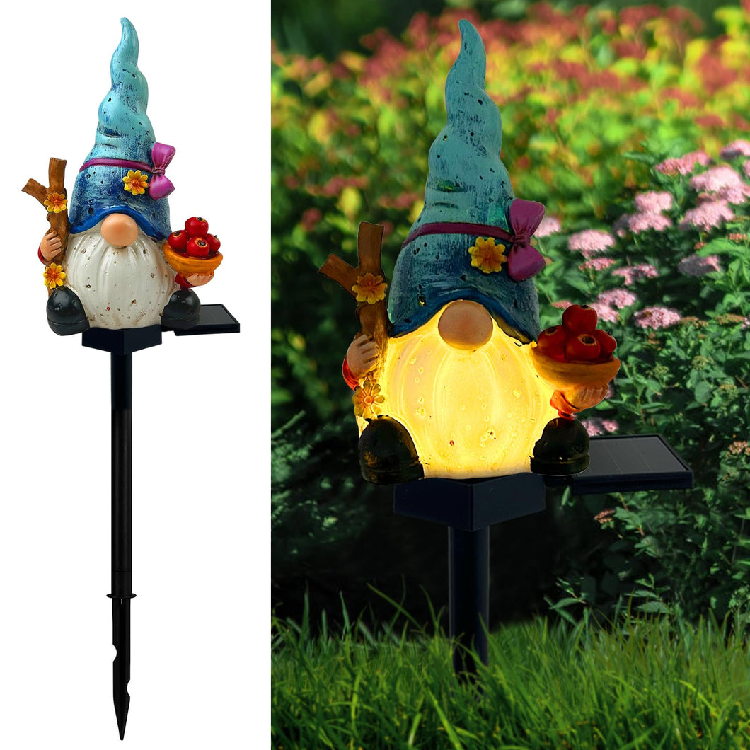 LAIAMER Solar Gnome Garden Lights, Outdoor Gnome Statue with Flowers & Apple, Solar Powered Fairy Garden Lights Gnome Decorations for Home Outside Yard Lawn Patio Gnomes Gifts (Blue)