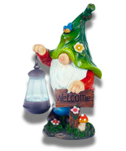 Load image into Gallery viewer, G&amp;H Decor - Solar Gnome Decoration - Hand Painted Garden Gnome Solar with Amazing Detail - Funny Resin Solar Gnomes Garden Figurines for Outdoor - Gnome Solar Lights with Welcome Sign (Lantern)
