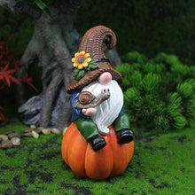 Load image into Gallery viewer, Fall Gnomes Decorations for Home,5.9 Inches Resin Garden Gnomes Sitting on A Pumpkin | Tiny Dwarf Statue Fall Figurine for Home Halloween Thanksgiving Decorations
