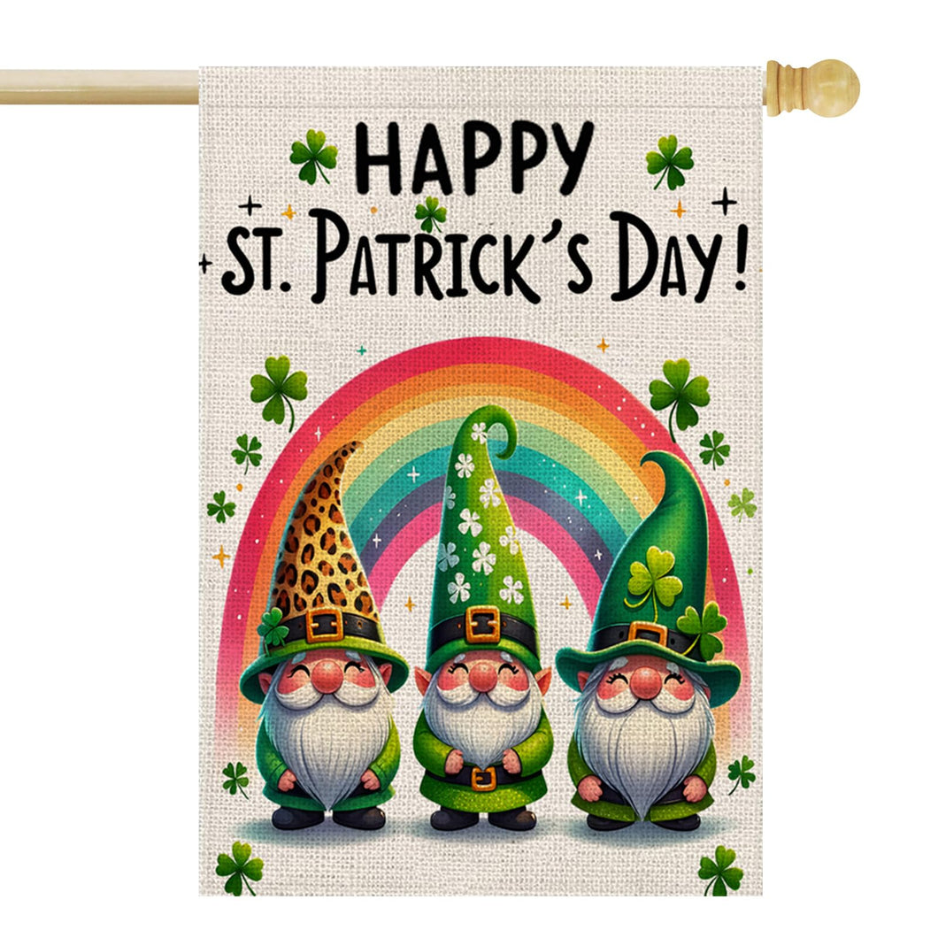 OPULANE Happy St Patricks Day House Flag 28x40 Inch Double Sided Lucky Clovers Shamrocks Gnomes Rainbow Outside Large Flag for Yard Outdoor Holiday Decoration