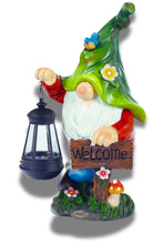 Load image into Gallery viewer, G&amp;H Decor - Solar Gnome Decoration - Hand Painted Garden Gnome Solar with Amazing Detail - Funny Resin Solar Gnomes Garden Figurines for Outdoor - Gnome Solar Lights with Welcome Sign (Lantern)
