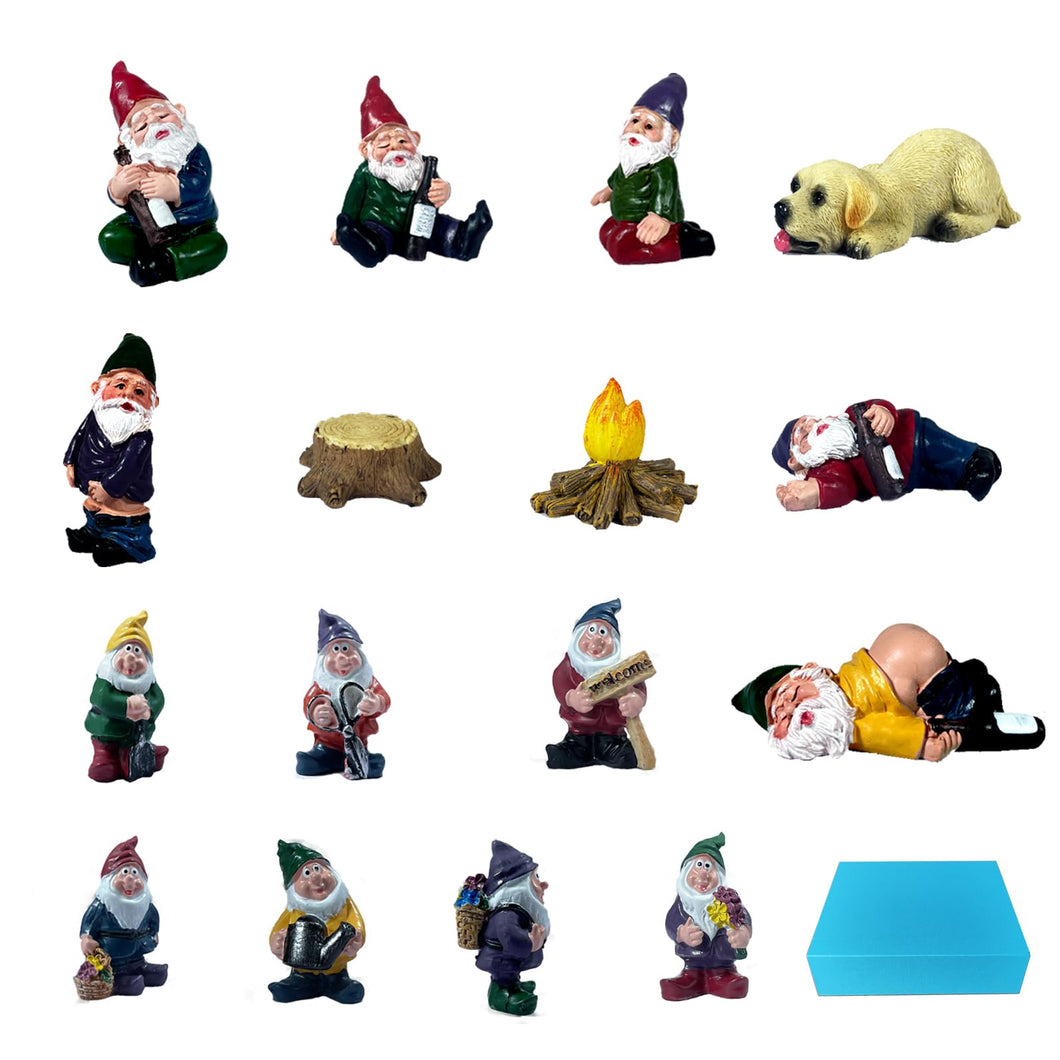 16pcs Miniature Funny Garden Drunk Gnomes Mini Funny Creative Dwarf Garden Gnome Statues Decoration for Indoor Outdoor Yard Patio Bonsai Potted Plants Landscape Desk Decor (Gift Box Packaging)